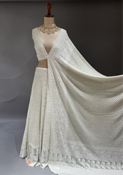 Pure Georgette Chikankari Unstitched Lehenga - Ivory & Green