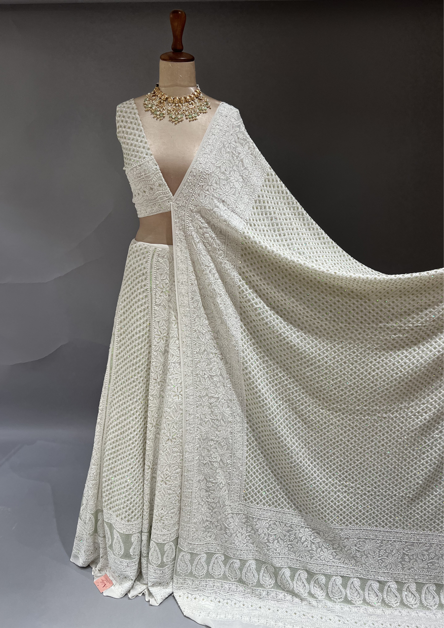 Pure Georgette Chikankari Unstitched Lehenga - Ivory & Green