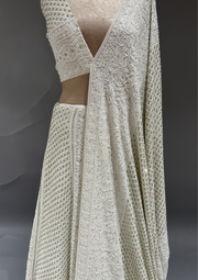 Pure Georgette Chikankari Unstitched Lehenga - Ivory & Green