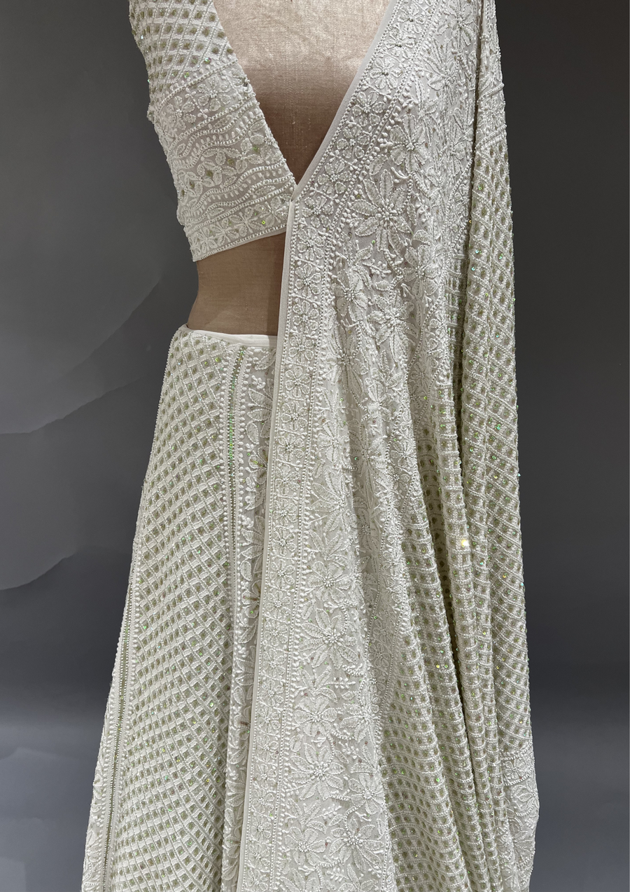 Pure Georgette Chikankari Unstitched Lehenga - Ivory & Green