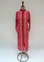 Georgette Chikankari Long Kurti  - Cherry Red