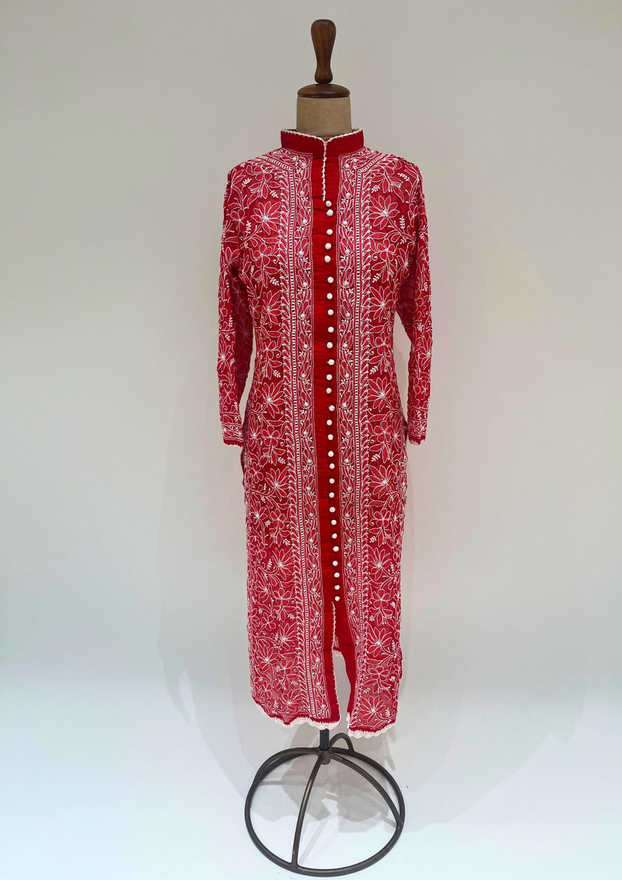 Georgette Chikankari Long Kurti  - Cherry Red
