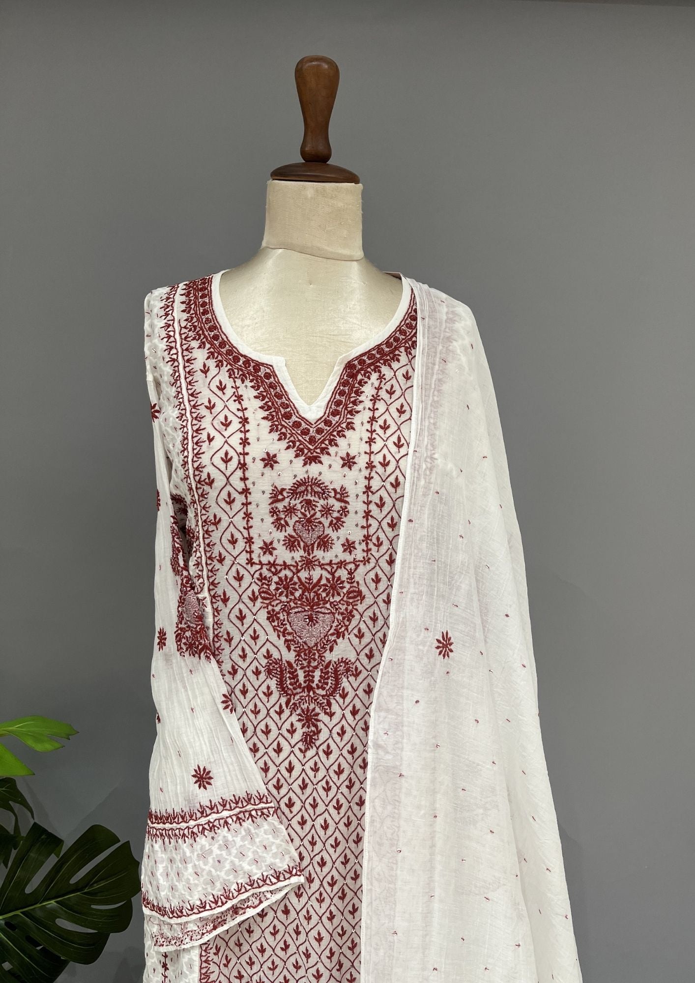 Mul Chanderi Chikankari Unstitch 2pc Anarkali - White & Red