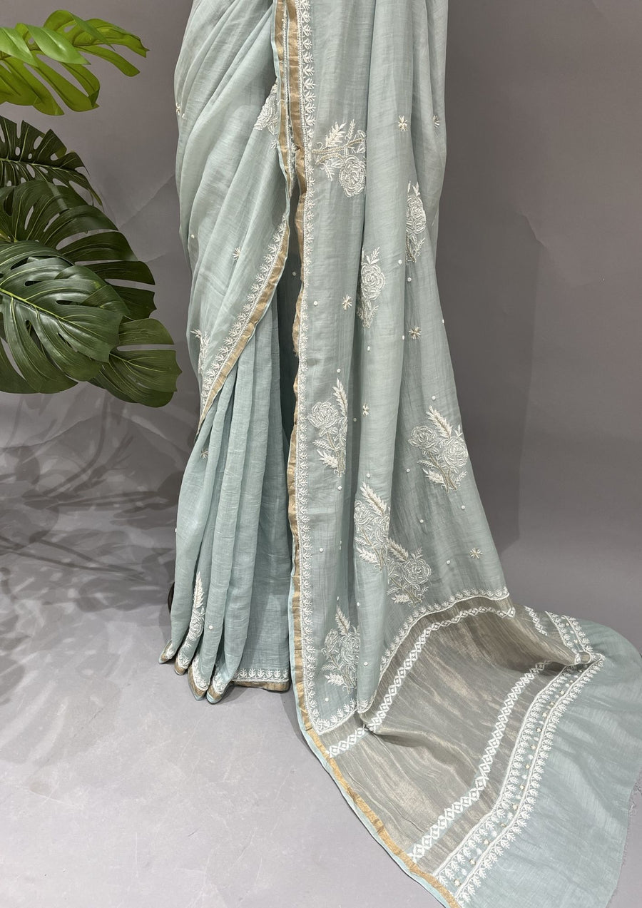 Mul Chanderi Chikankari Saree - Robin Egg Blue