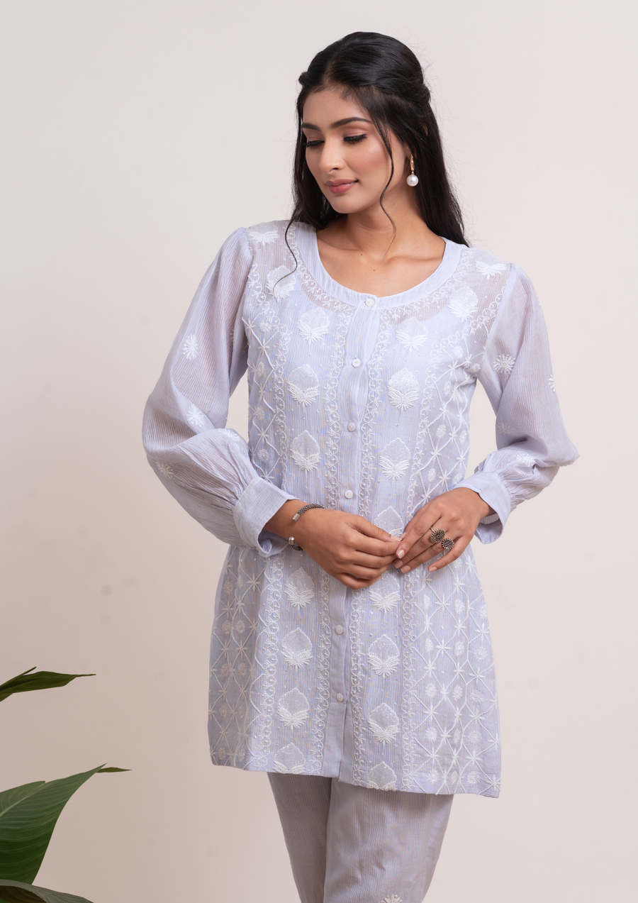 Maheshwari Mul Chanderi Coord Set - Ice Blue