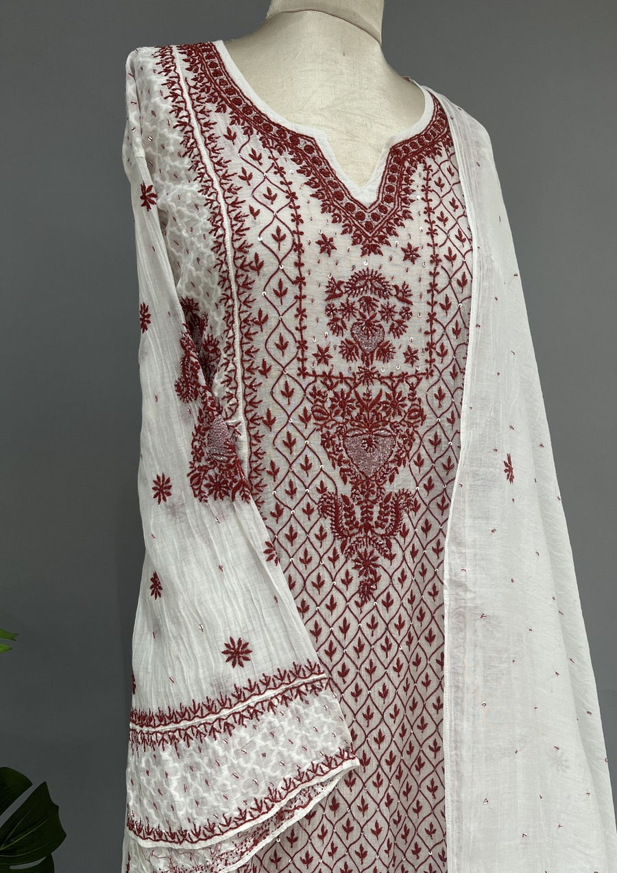 Mul Chanderi Chikankari Unstitch 2pc Anarkali - White & Red