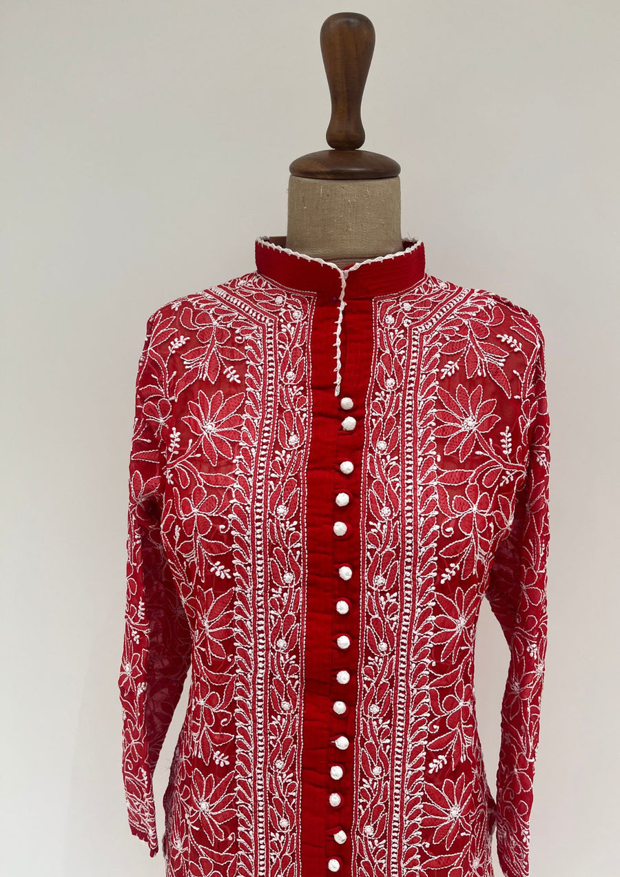 Georgette Chikankari Long Kurti  - Cherry Red