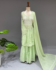 Mul Chanderi Chikankari Sharara set - Moss Green