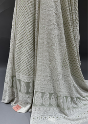 Pure Georgette Chikankari Unstitched Lehenga - Ivory & Green