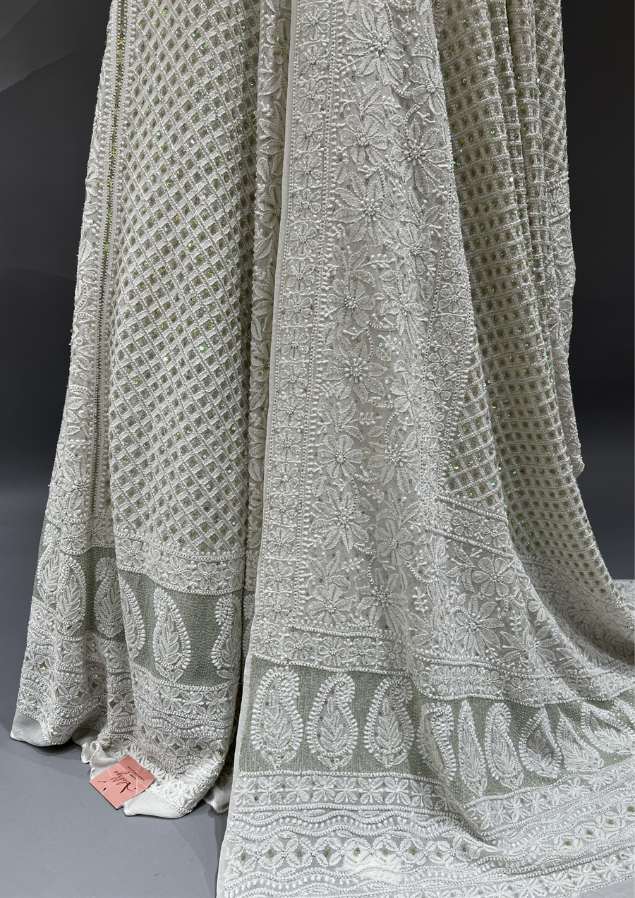 Pure Georgette Chikankari Unstitched Lehenga - Ivory & Green
