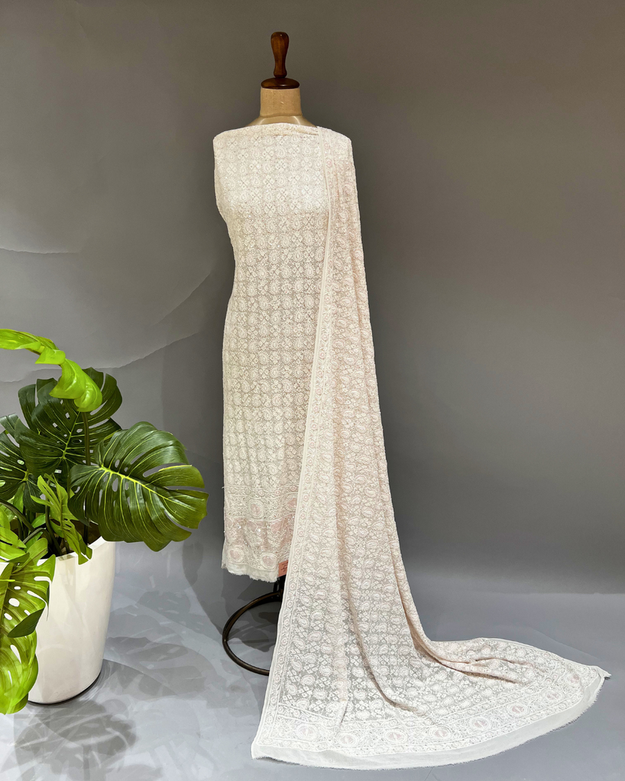 Chikankari Georgette Kurta ans Dupatta Set - Ivory