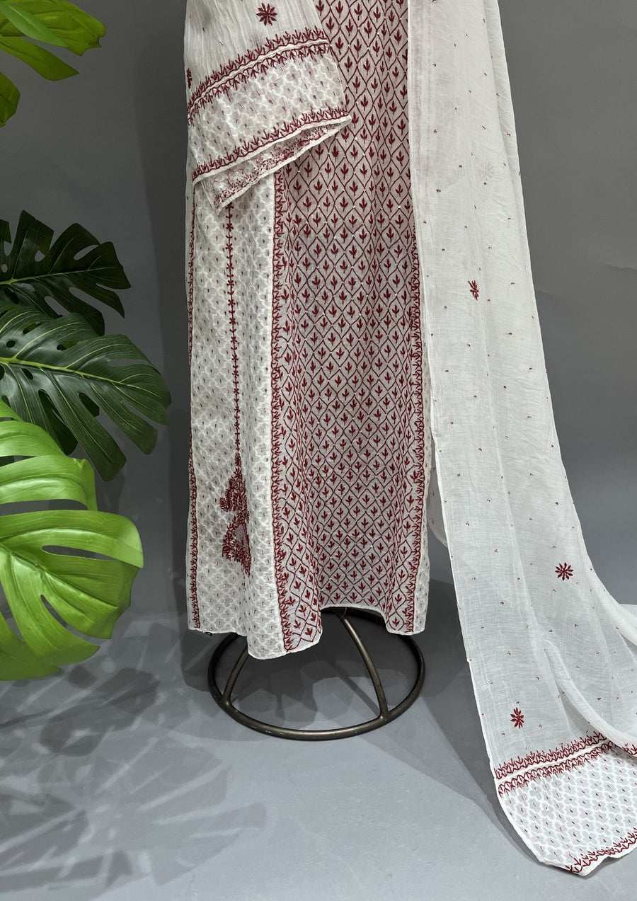 Mul Chanderi Chikankari Unstitch 2pc Anarkali - White & Red