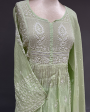 Mul Chanderi Chikankari Sharara set - Moss Green