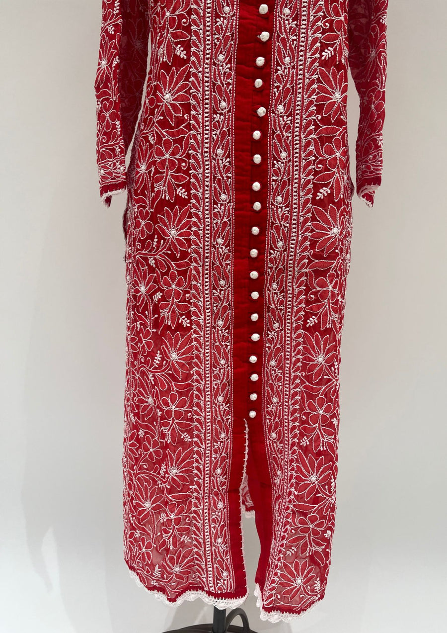 Georgette Chikankari Long Kurti  - Cherry Red