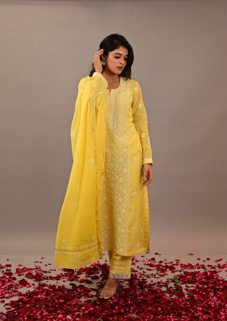 Radiant Yellow Mul Chanderi suit