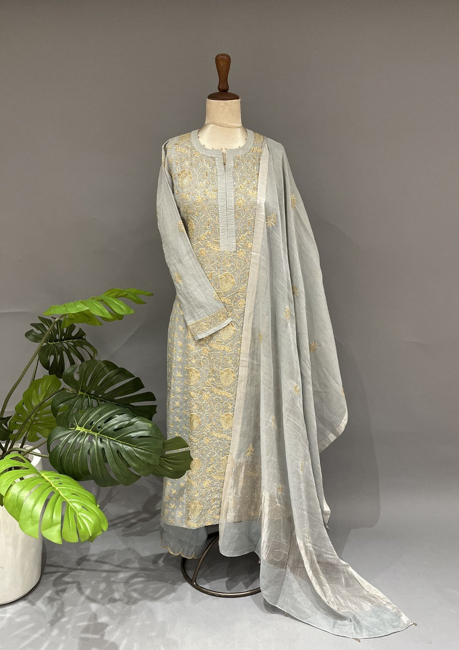 Tissue Chikankari Stitch 3pc Suit Set - Cadet Gray