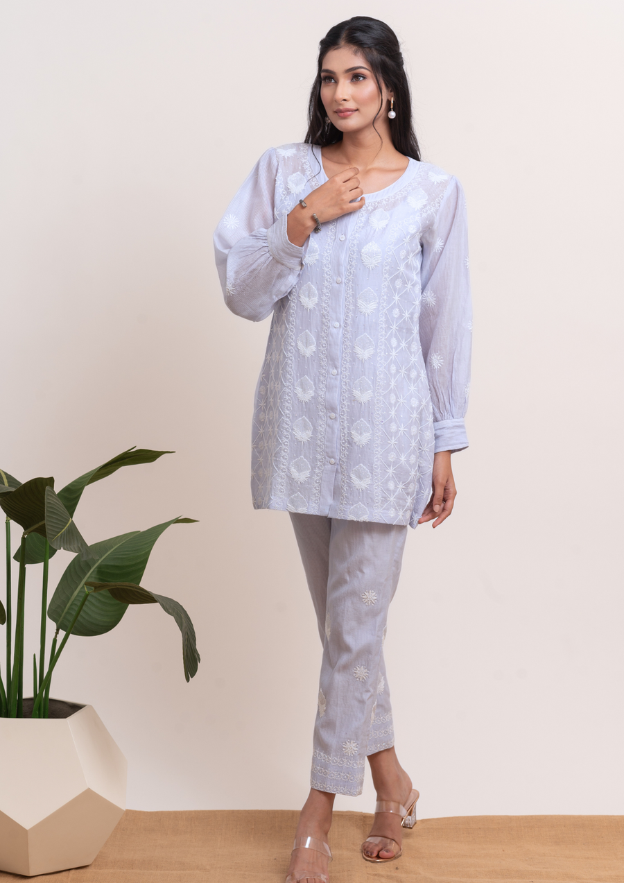 Maheshwari Mul Chanderi Coord Set - Ice Blue