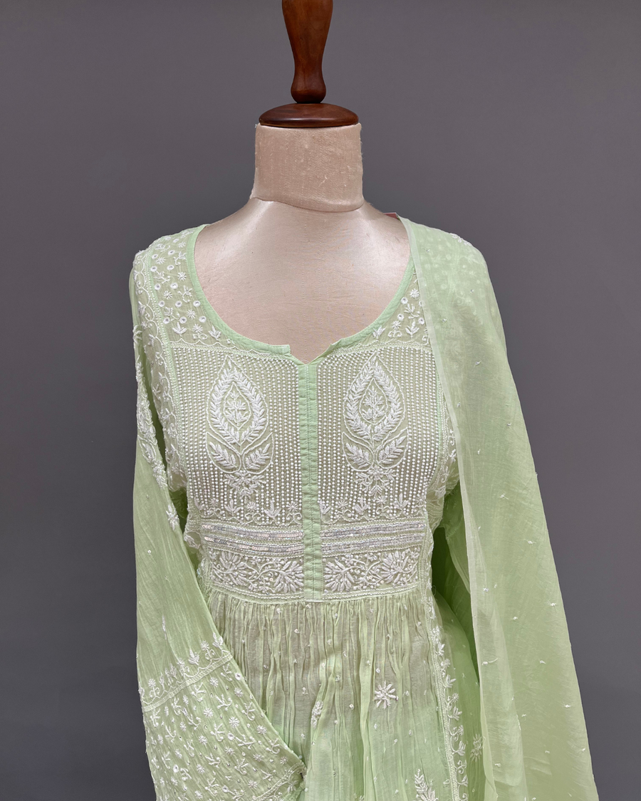 Mul Chanderi Chikankari Sharara set - Moss Green
