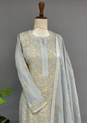 Tissue Chikankari Stitch 3pc Suit Set - Cadet Gray