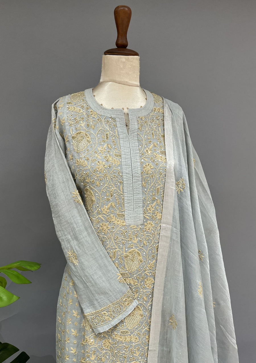 Tissue Chikankari Stitch 3pc Suit Set - Cadet Gray