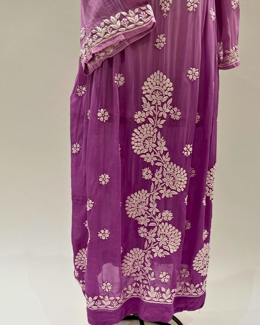 Viscose Anarkali Chikankari Kurta - Light Plum