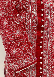 Georgette Chikankari Long Kurti  - Cherry Red
