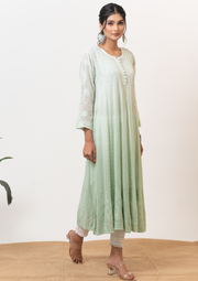 Georgette Chikankari A-line Kurta - Ombre Green