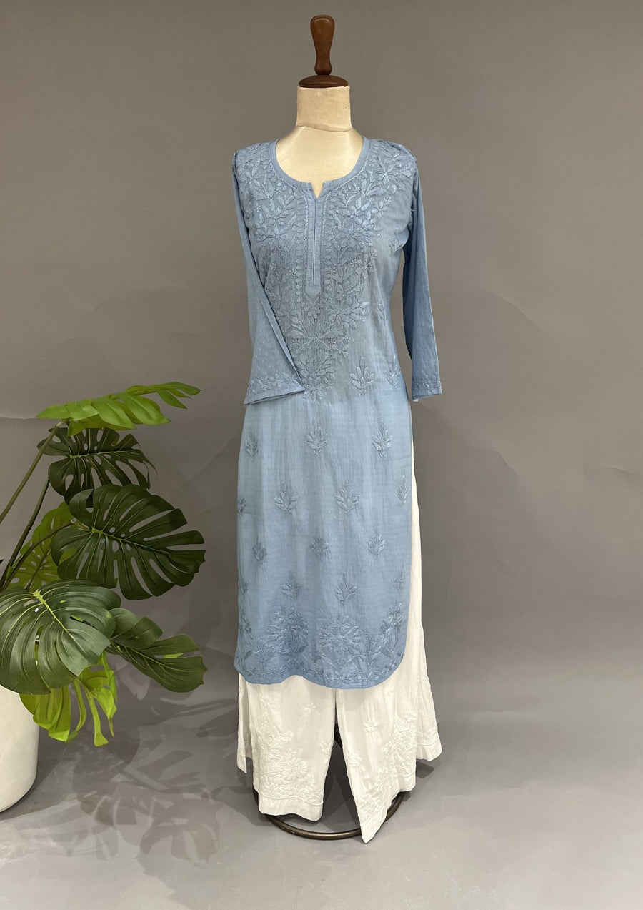 Cotton Chikankari Kurti - Cornflower Blue