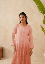 Muslin Chikankari A-line Long Kurti- Ombre Rose Pink
