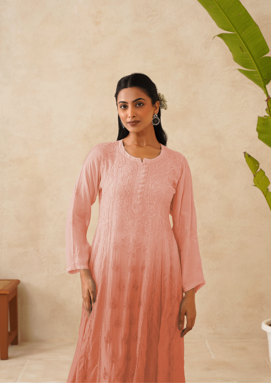 Muslin Chikankari A-line Long Kurti- Ombre Rose Pink