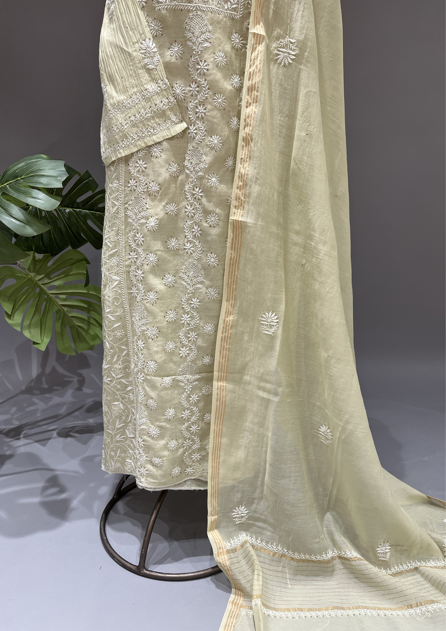 Chikankari Mul Unstitched Kurta And Dupatta Set  - Sage Green