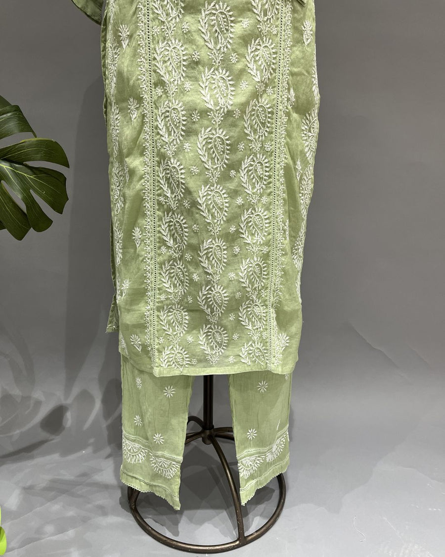 Chanderi Chikankari Co-ord Set - Pistachio Green