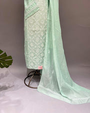 Mul Chanderi Chikankari Unstitched 2pc Suit - Sea Foam Green