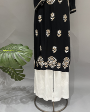 Rayon Chikankari Kurti - Black and Beige