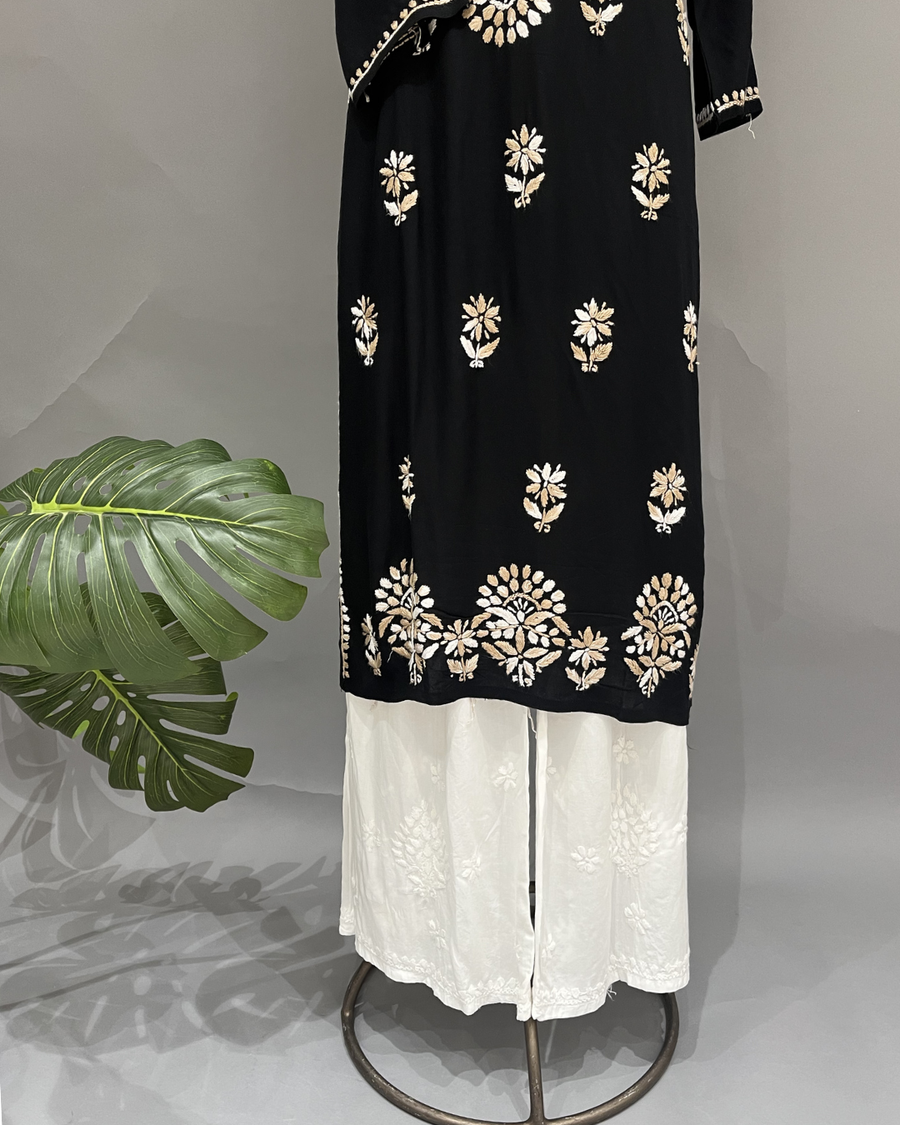 Rayon Chikankari Kurti - Black and Beige