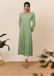 Georgette Anarkali Chikankari Kurta- Ombre Teal Green