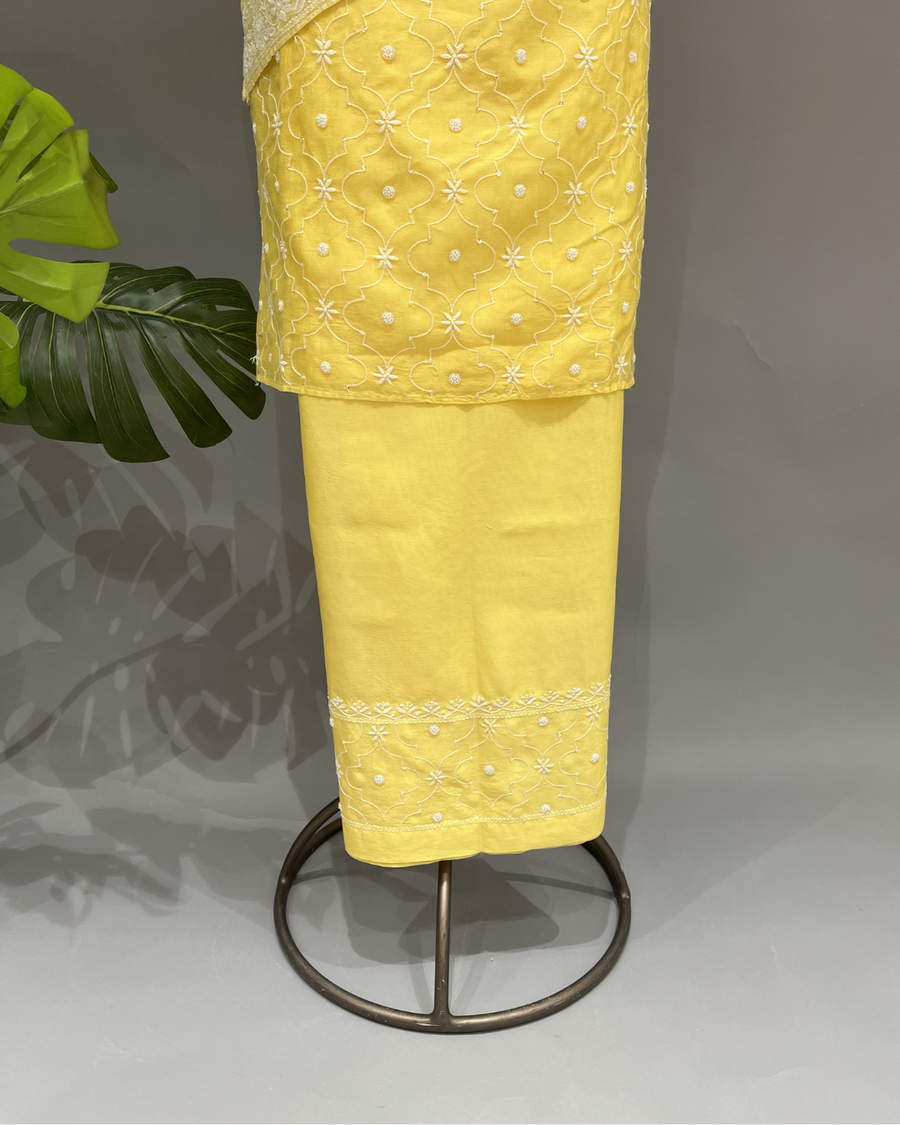 Chanderi Chikankari Co ord Set - Lemon Yellow