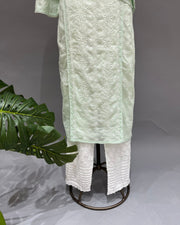 Mul Cotton Chikankari Long Kurti - Mint Green