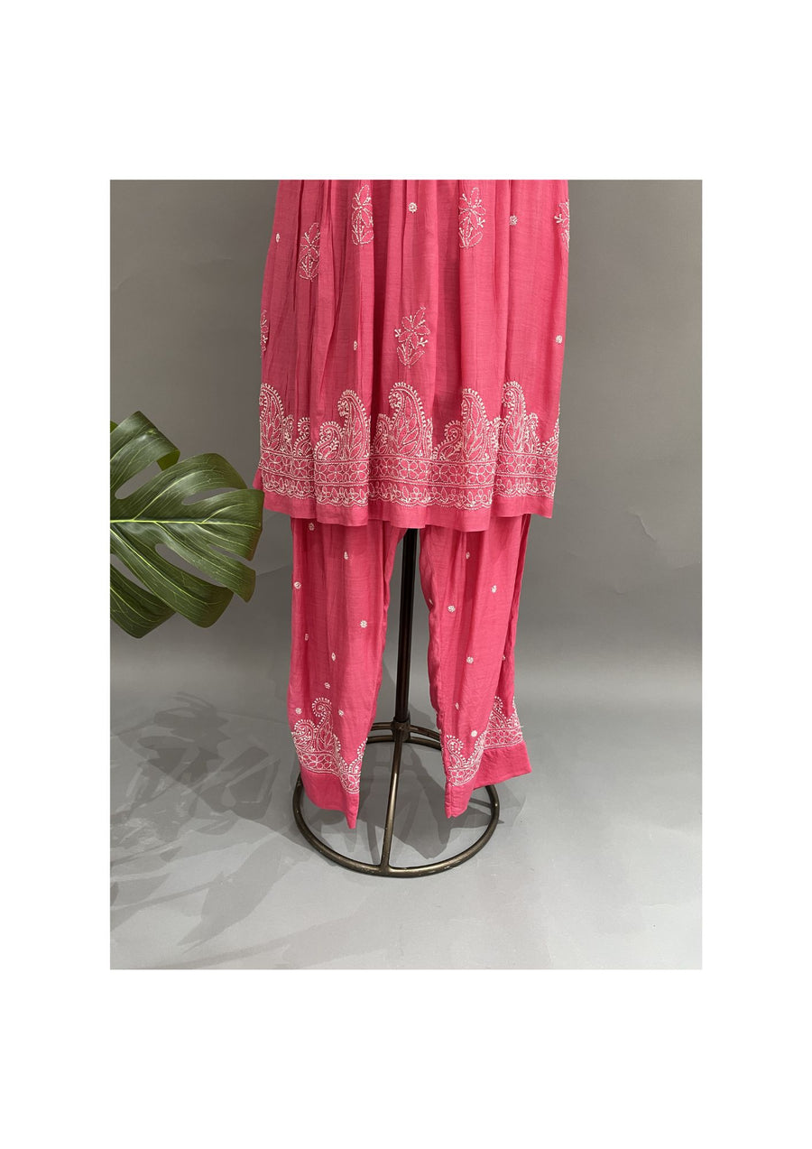 Muslin Chikankari Co-ord Set - Fuchsia Pink