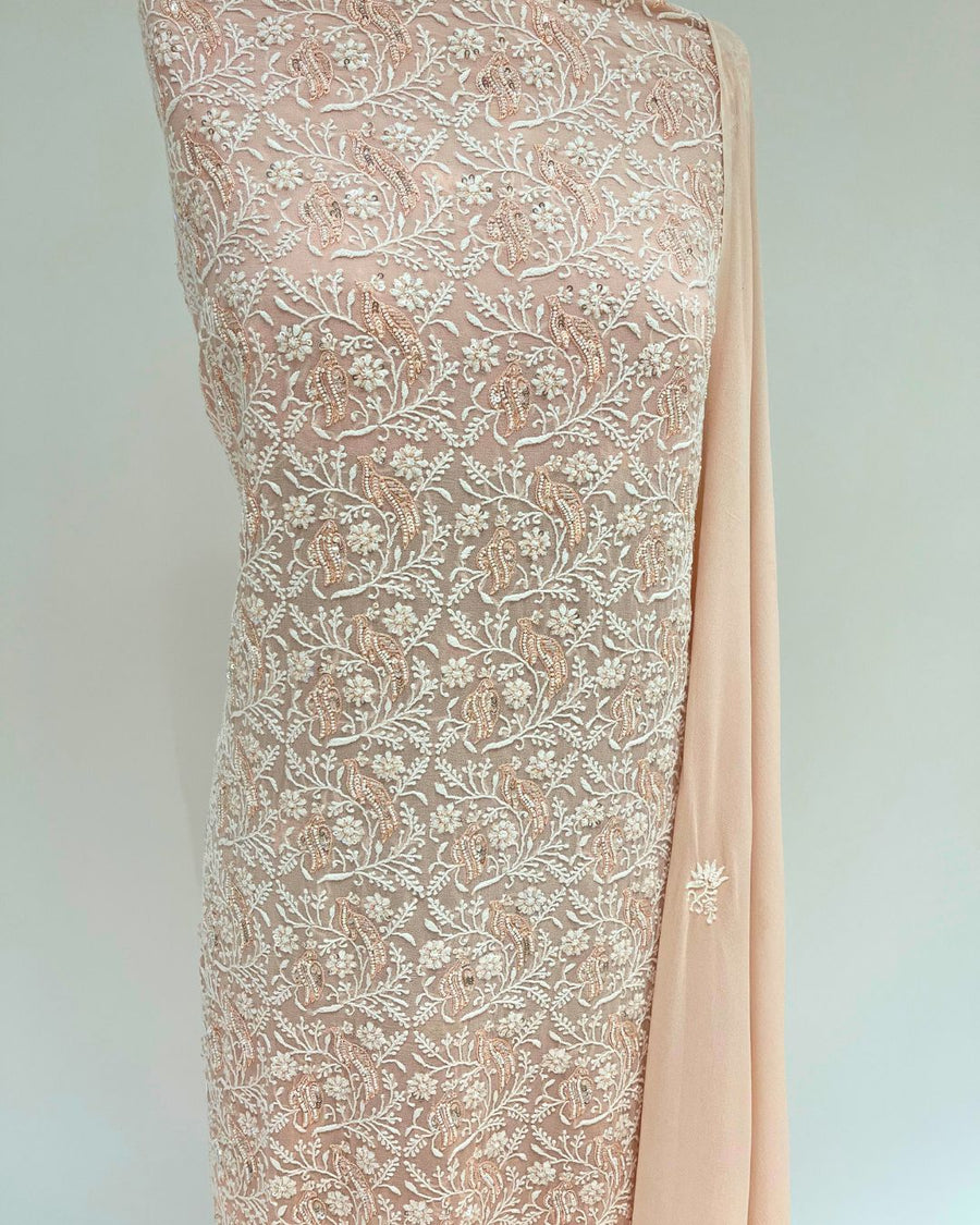 Pure Georgette Chikankari Unstitched 2pc Suit - Peach