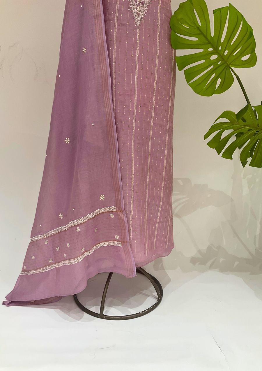 Mul Chanderi Chikankari unstitched Suit -  Mauve