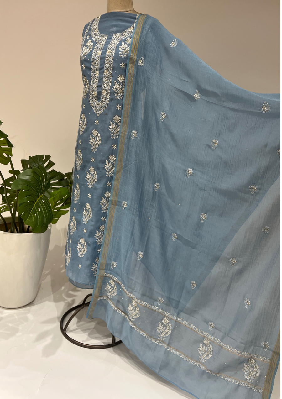 Mul Chanderi Chikankari unstitched Suit - Periwrinkle Blue