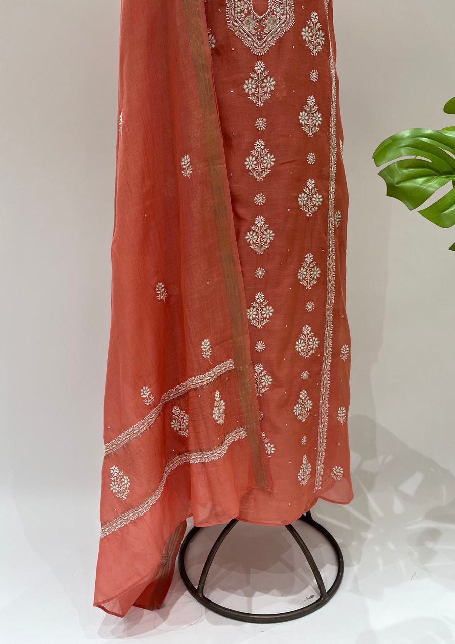 Mul Chanderi Chikankari Unstitched Suit- Coral Pink