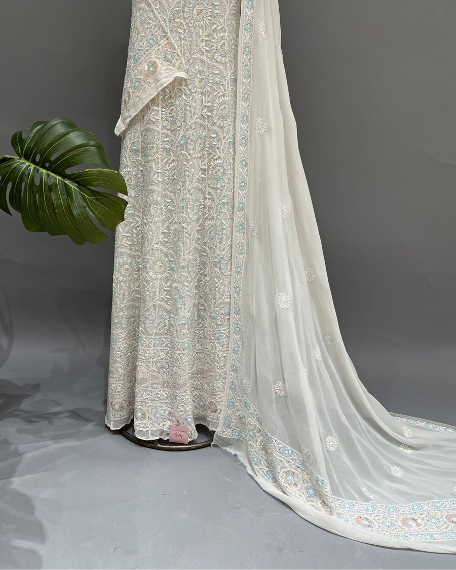 Pure Georgette Chikankari Unstitched Anarkali - Multicolour