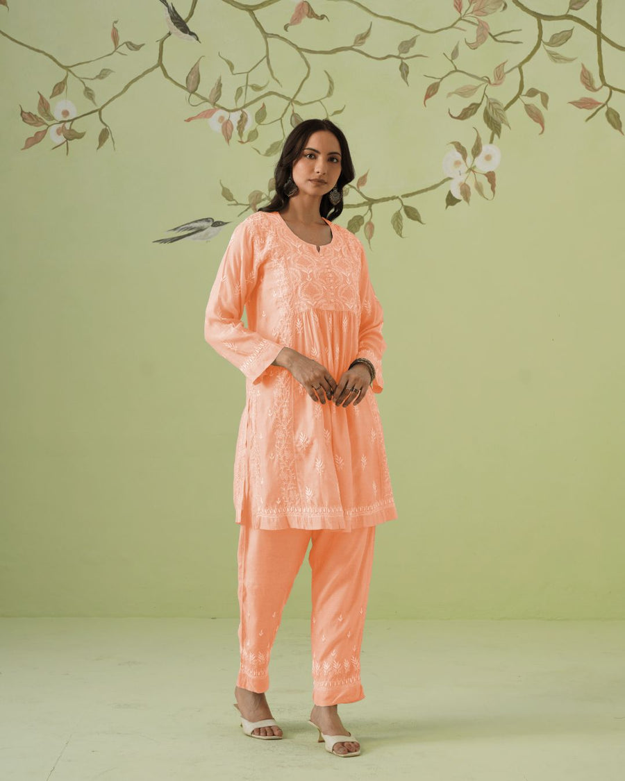 Muslin Chikankari Co-ord Set - Peach Pearl