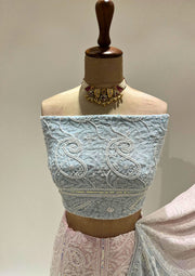 Pure Georgette Chikankari Unstitched Lehenga - Powder blue and Blush Pink