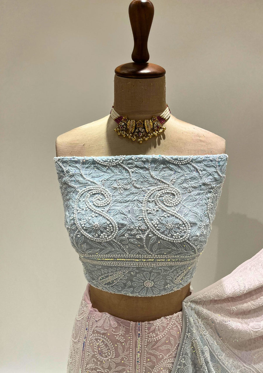 Pure Georgette Chikankari Unstitched Lehenga - Powder blue and Blush Pink