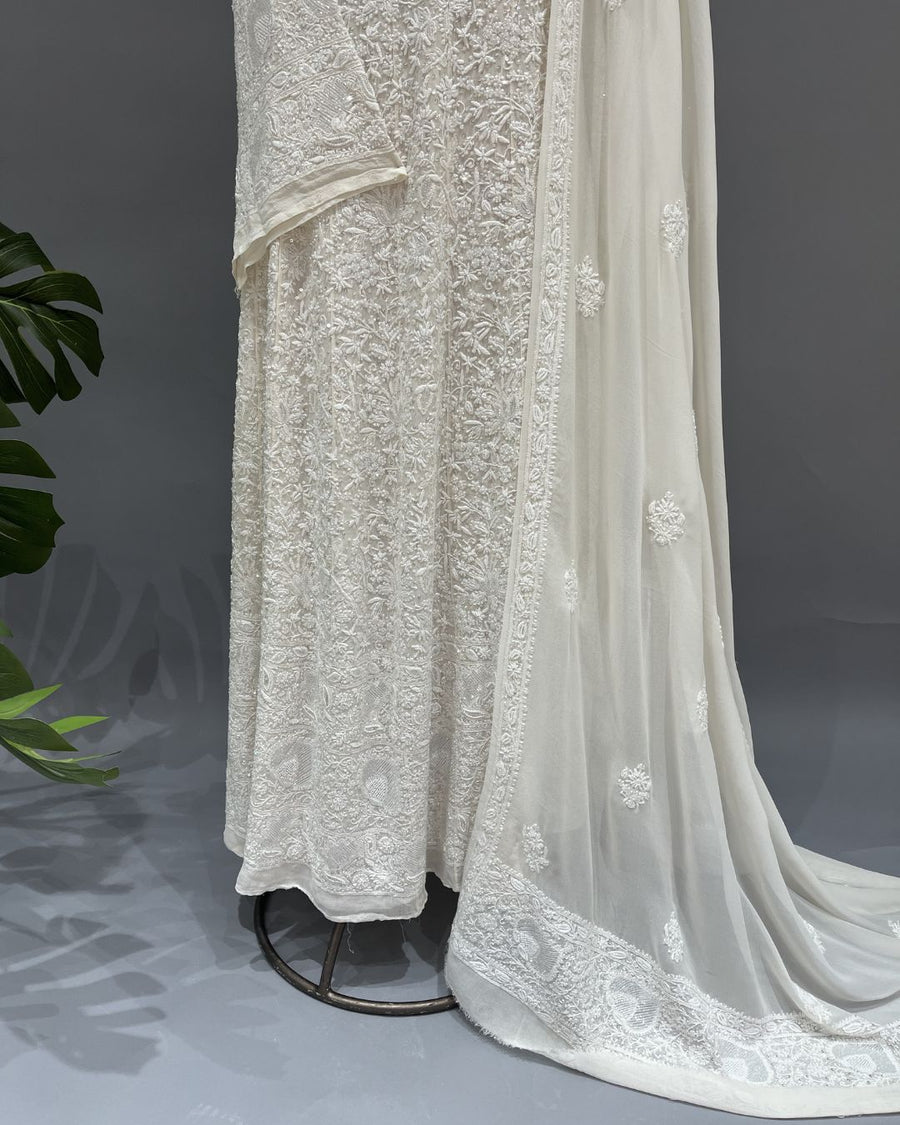 Pure Georgette Chikankari Unstitch Anarkali - White