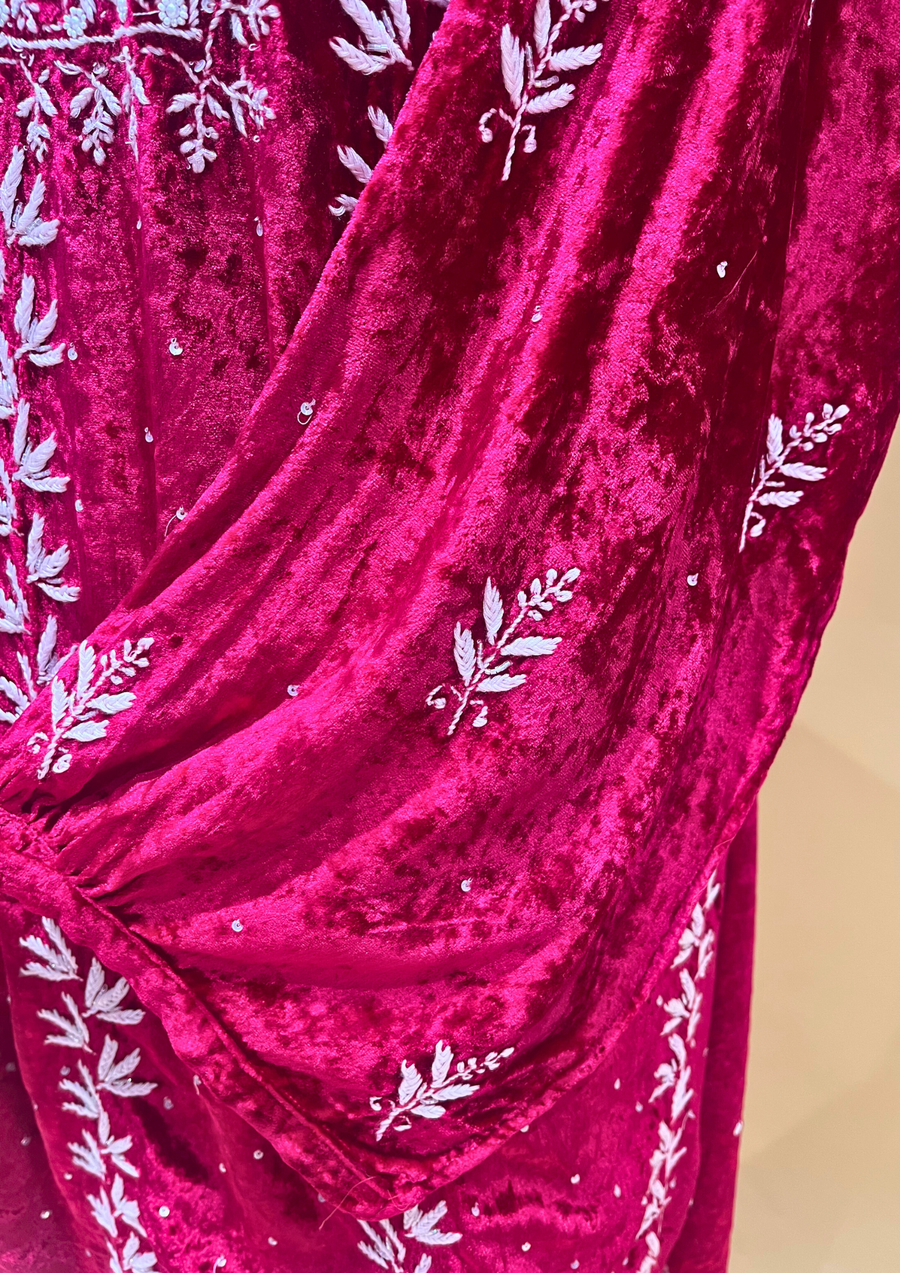 Velvet Chikankari Semistitched Co-ord Set - Magenta