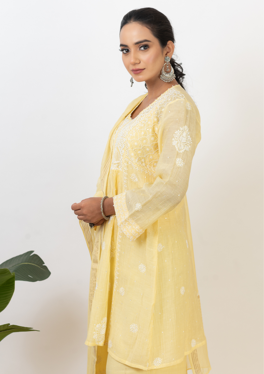 Mul Chanderi chikankari suit set - lemon yellow